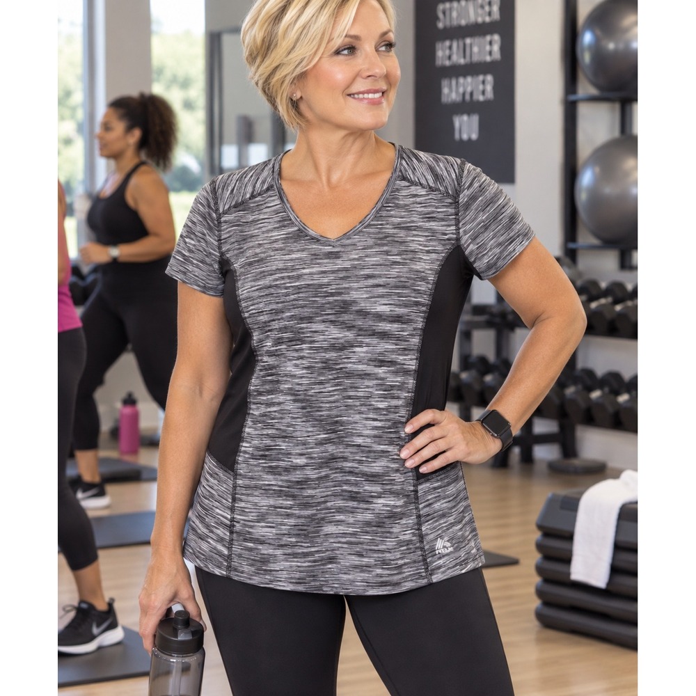 RBX Performance Womens Large Grey Space Dye V-Neck Activewear Short Sleeve Shirt